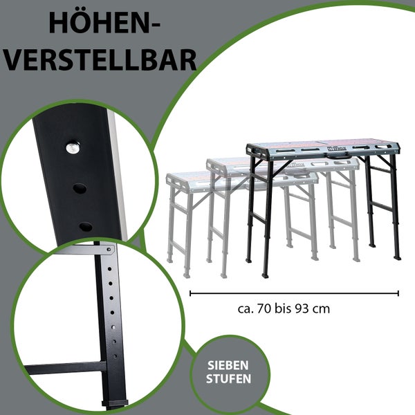 Trutzholm Arbeitstisch mit siebenfach höhenverstellbaren Beinen von circa 70 bis 93 Zentimeter.