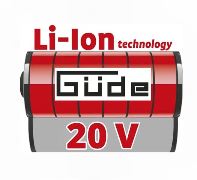 Güde Logo mit Hinweis auf Lithium-Ionen Technologie und 20 Volt.