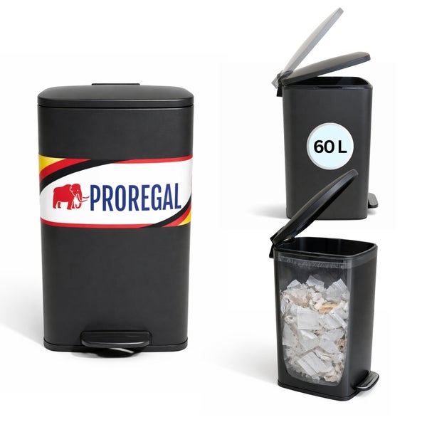 Proregal Tretmülleimer in Schwarz, 60 Liter Fassungsvermögen, mit Soft-Close-Deckel, Sichtfenster und Proregal Logo.