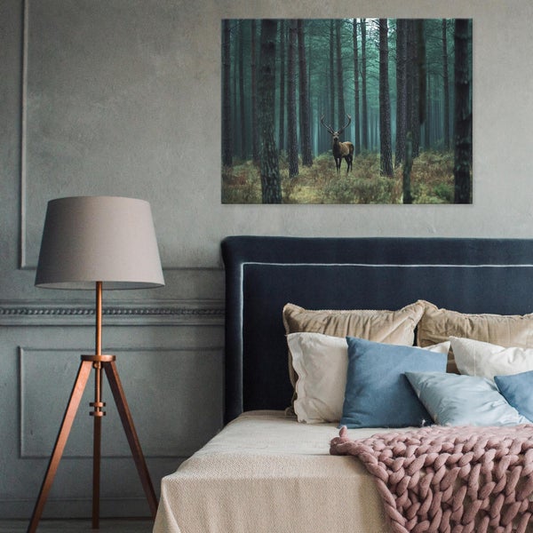 Leinwandbild Hirsch Wald Leinwand Bilder Wandbild Wohnzimmer 120X80 cm