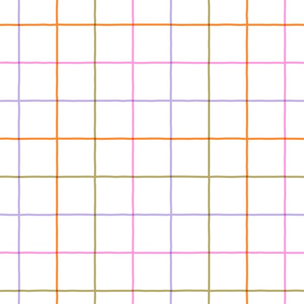 Handgezeichnetes Gittermuster mit dünnen horizontalen und vertikalen Linien in Orange, Rosa, Violett und Braun.