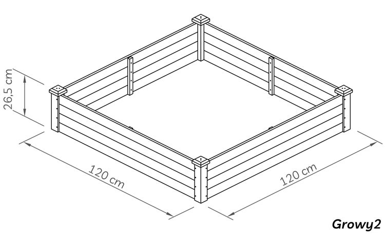 Illustration eines Hochbeets mit den Maßen 120 cm x 120 cm x 26,5 cm.