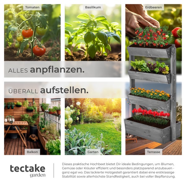 Vierstöckiges vertikales Hochbeet aus Holz für Balkon, Terrasse und Garten, bepflanzt mit Gemüse, Kräutern und Blumen. tectake garden Logo.