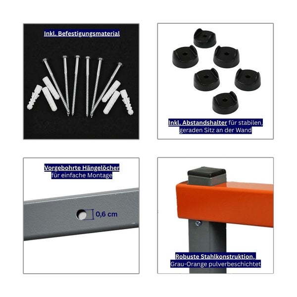 Befestigungsmaterial, Abstandshalter, vorgebohrte Hängelöcher und pulverbeschichtete Stahlkonstruktion