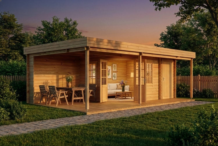 Modernes Gartenhaus aus hellem Holz mit Flachdach, großer überdachter Terrasse inklusive Sitzgruppe und verglastem Wohnbereich in einem Garten.
