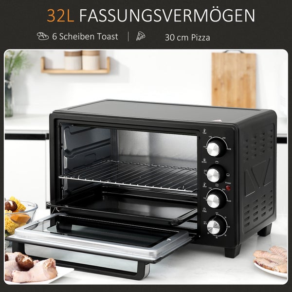 Schwarzer Mini-Backofen mit 32 Liter Fassungsvermögen, offen mit Backblech und Grillrost, für 6 Toastscheiben oder eine 30 Zentimeter Pizza.