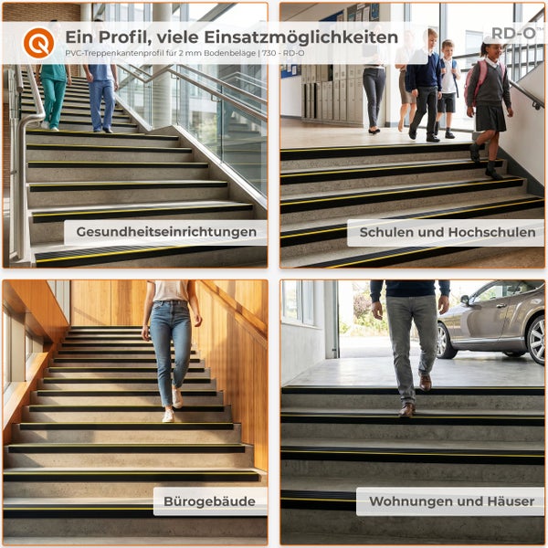 Anwendungsbeispiele für Polyvinylchlorid-Treppenkantenprofile in Krankenhäusern, Schulen, Büros und Wohnhäusern für mehr Trittsicherheit auf Treppen.