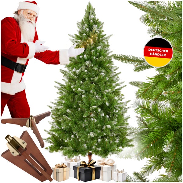 Geschmückter Weihnachtsbaum mit Geschenken und Christbaumständer, präsentiert von Weihnachtsmann. Deutscher Händler.