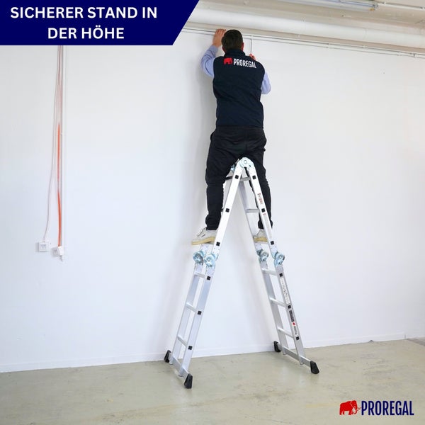 Sprossen-Mehrzweckleiter MULTISTEP mit TÜV/GS Zertifizierung und EN 131-Standard | mit Gerüstplattform | 4-teilig Aluminiumleiter | 4x3 Sprossen | bis zu 3,6 m Höhe | Traglast 150kg | Arbeitsgerüst, Stehleiter & Anlegeleiter