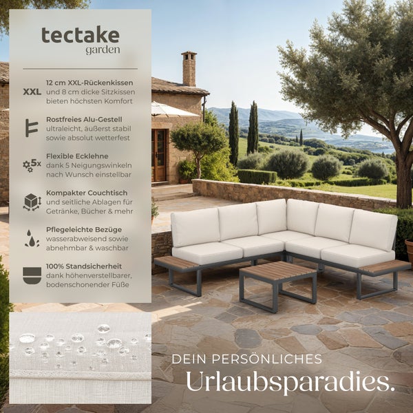 Gartensitzgruppe mit Aluminiumgestell und Couchtisch auf einer Terrasse