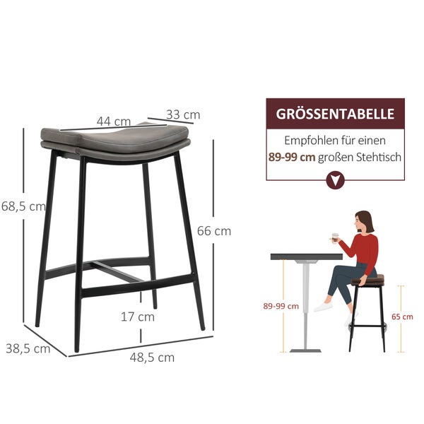HOMCOM Barhocker 2er Set, Gepolstert Barstuhl mit Fußstütze, Küchenstühle mit Stahlgestell Tresenhocker mit Kunstleder-Optik für Küche, Wohnzimmer, Esszimmer Grau