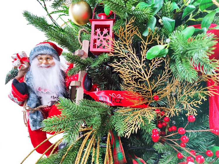 Dekorierter künstlicher Weihnachtsbaum mit 87 Ornamenten SANTA CLAUS II 180 cm Baum mit Ständer und Weihnachtsschmuck