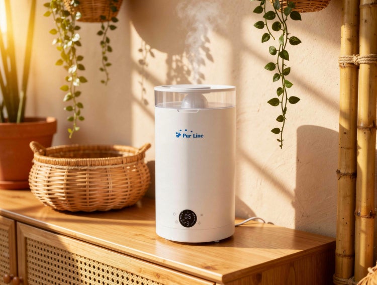 Weißer Pur Line Luftbefeuchter mit Digitaldisplay und aufsteigendem Nebel auf einem Holzschrank neben einem Weidenkorb und Zimmerpflanzen.