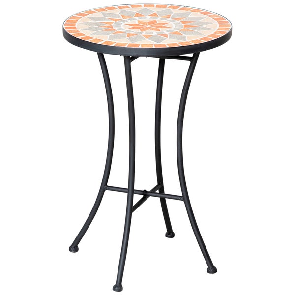 Outsunny Beistelltisch Gartentisch Ø35,5cm Rund wetterfest im Mesh-Stil Balkontisch mit Mosaik-Muster Metall Campingtisch Kaffeetisch für Wohnzimmer Büro Outdoor Indoor Gelb+Grau