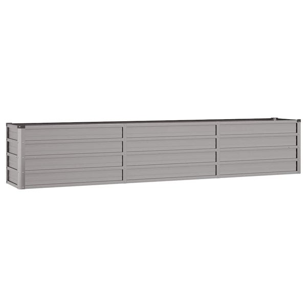 Längliches Hochbeet aus Metall mit horizontalen Paneelen in Grau.