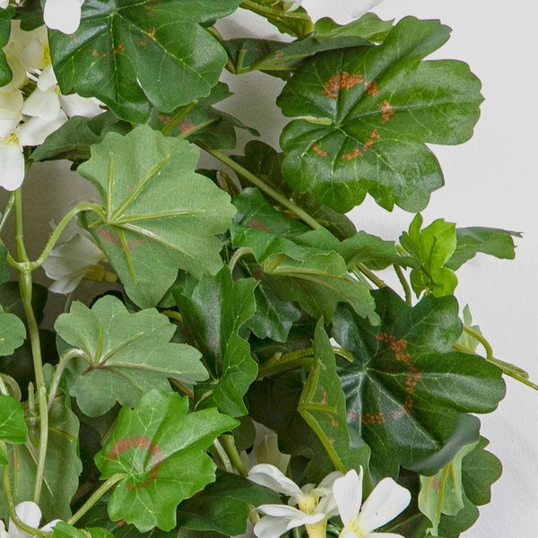 Künstliche Geranie mit weißen Blüten und grünen Blättern, Detailaufnahme.