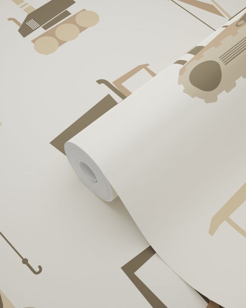 Vliestapete mit Baustellenmotiven wie Baggern und Kranen in Beige und Braun für das Kinderzimmer.