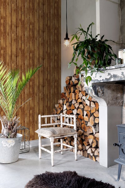 Helle Inneneinrichtung mit Holzwand, Kaminholzstapel und Zimmerpflanzen