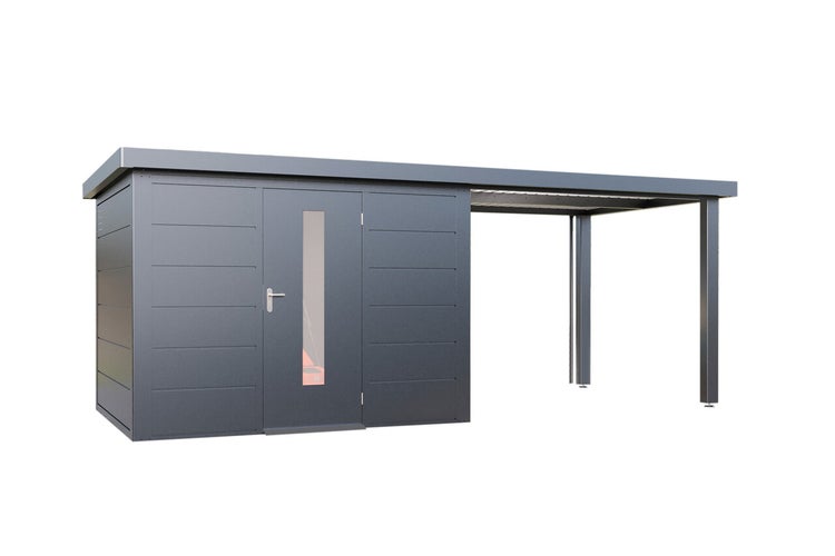 Modernes Metallgerätehaus mit integriertem Carport und Einzeltür mit Lichtausschnitt für Garten