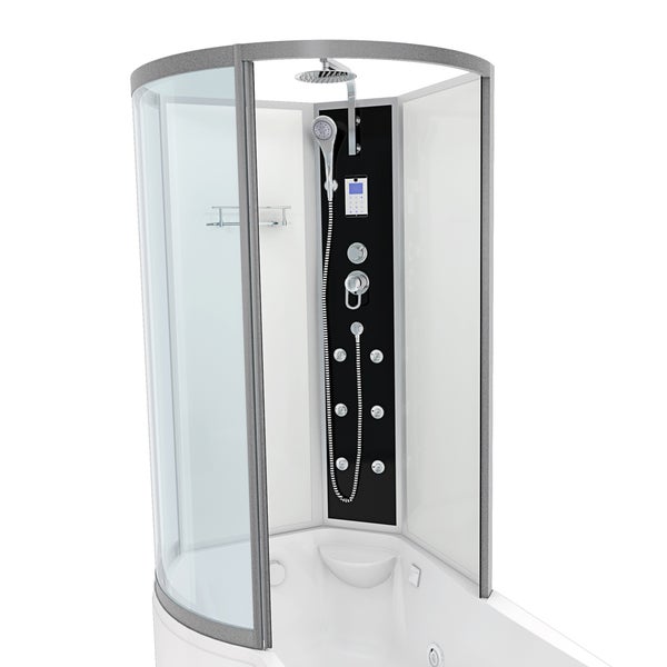 Duschkabine mit integrierter Badewanne, gebogener Glasfront, Regendusche, Handbrause, Massagedüsen und digitalem Bedienfeld.