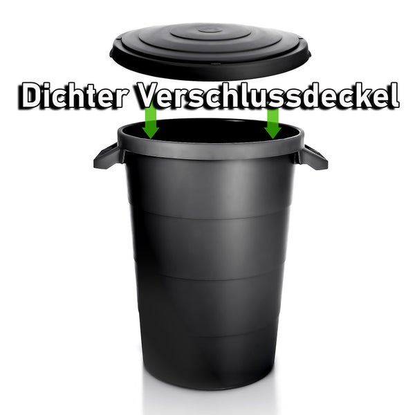 BigDean wetterfeste Universaltonne mit Deckel und 2 stabilen Tragegriffen 80 Liter SCHWARZ - Regentonne Mülleimer - Indoor und Outdoor geeignet - Made in Europe