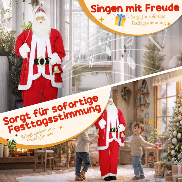 Singende und tanzende lebensgroße Weihnachtsmann-Dekofigur in einem festlich dekorierten Wohnzimmer mit Weihnachtsbaum und spielenden Kindern.