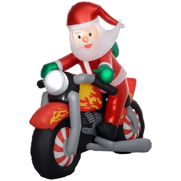 Aufblasbarer Weihnachtsmann auf einem Motorrad mit Flammenmuster und Zuckerstangenrädern, Weihnachtsdekoration für den Außenbereich.