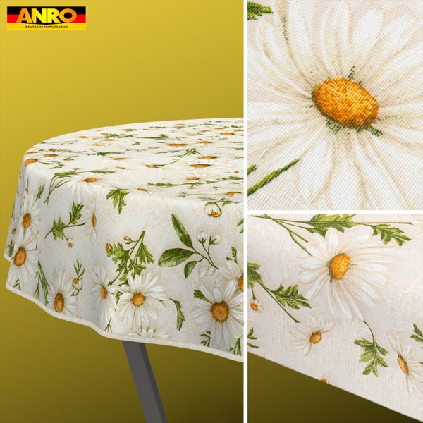 Runde Tischdecke mit Gänseblümchen-Muster, Nahaufnahmen der Stoffstruktur und ANRO Logo.
