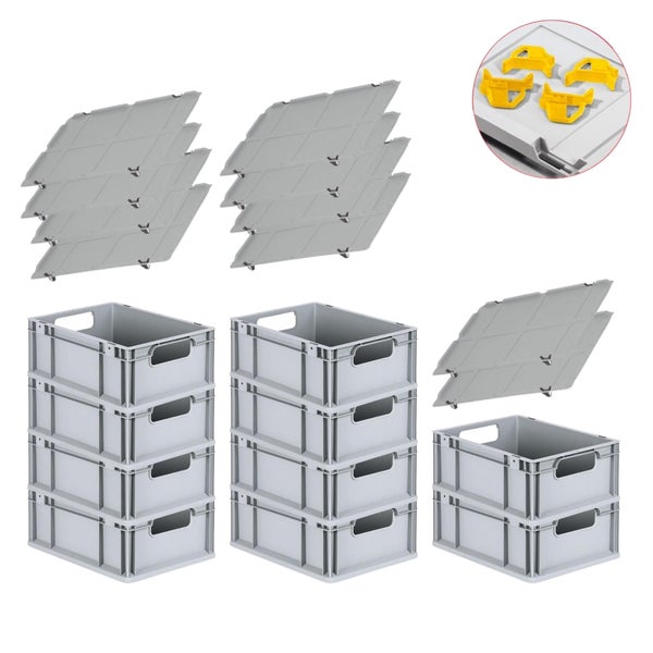 PROREGAL Spar Set 10x Eurobox Nextgen Economy Mit Auflagedeckel & 4x Schiebeschnappverschlüsse Gelb Griffe Offen HxBxT 17 x 30 x 40 cm 16 Liter