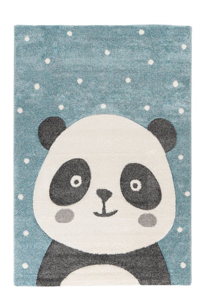 Rechteckiger Kinderteppich mit Pandabären Motiv auf gepunktetem Hintergrund für das Kinderzimmer.