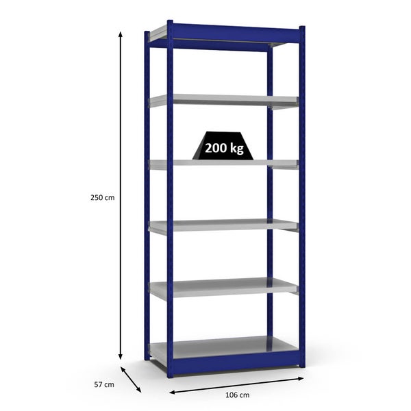 PROREGAL Fachbodenregal Stecksystem Vierkant-Profil Grundregal HxBxT 250 x 102,5 x 50 cm 6 Ebenen Einseitige Bauart Fachlast 200 kg Enzianblau
