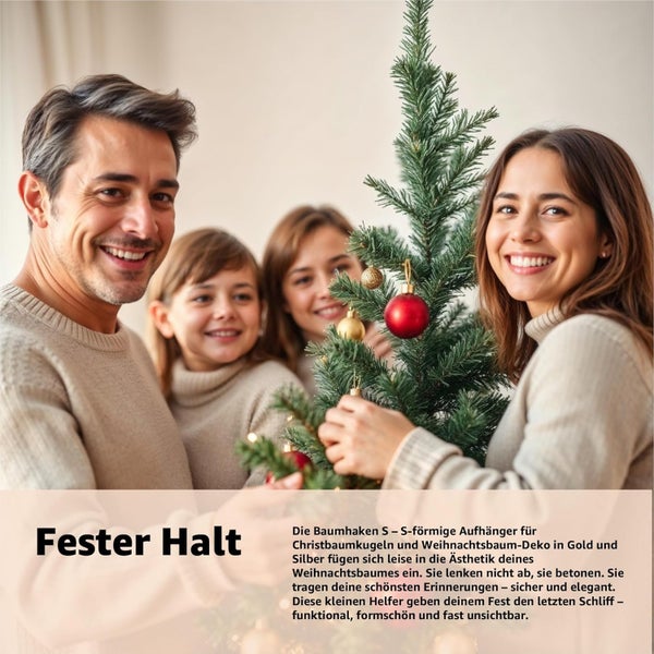 Familie schmückt einen Weihnachtsbaum mit Christbaumkugeln