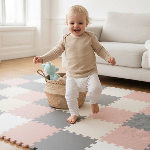 Kleinkind läuft auf einer weichen Schaumstoff-Puzzlematte im hellen Wohnzimmer. Die Spielmatte besteht aus quadratischen Fliesen.