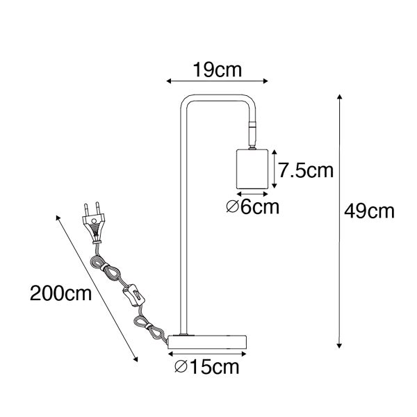 Technische Zeichnung einer Tischleuchte mit den Maßen 19 cm, 7,5 cm, Durchmesser 6 cm, 49 cm, 200 cm und Durchmesser 15 cm.