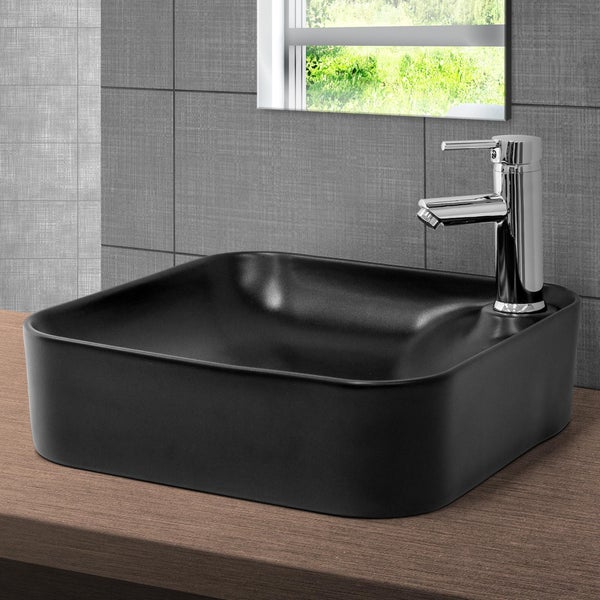 ML-Design Waschbecken aus Keramik Schwarz matt 43x43x12cm mit Ablaufgarnitur, Abgerundeten Ecken, Aufsatzwaschbecken, Moderne Waschtisch Waschschale Waschplatz Handwaschbecken, für Badezimmer/Gäste-WC