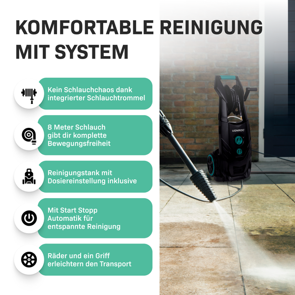 VONROC Profi Hochdruckreiniger 195bar - Fassadenreiniger für schwere Reinigungsarbeiten [2500W] - Hoher Durchfluss [468 l/h] Reinigungstank, Aluminium Pumpe - inkl. Terassenreiniger