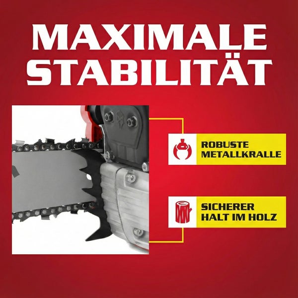 Nahaufnahme Kettensäge mit Hinweisen auf robuste Metallkralle und sicheren Halt im Holz