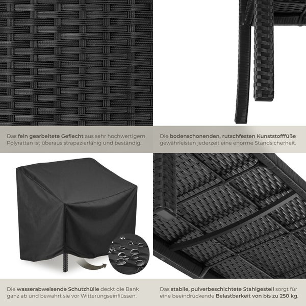 Detailansichten einer Gartenbank aus Polyrattan mit pulverbeschichtetem Stahlgestell, bodenschonenden Füßen und schützender Abdeckhaube.
