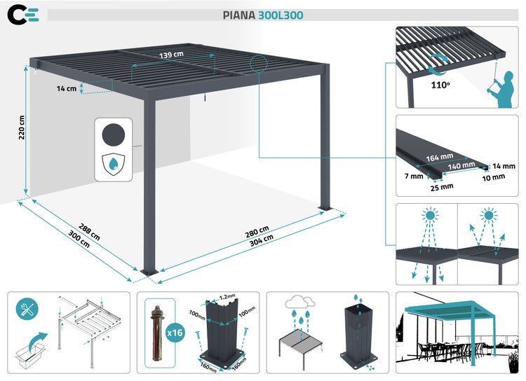 Pergola bioklimatisch aus Aluminium PIANA 297 x 298 x 218 cm selbsttragende - mit isolierten  verstellbares Lamellendach, graue