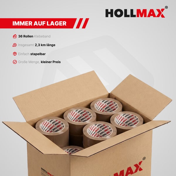 Karton mit 36 Rollen HOLLMAX Klebeband, insgesamt 2,3 Kilometer Länge, stapelbar. HOLLMAX Logo.