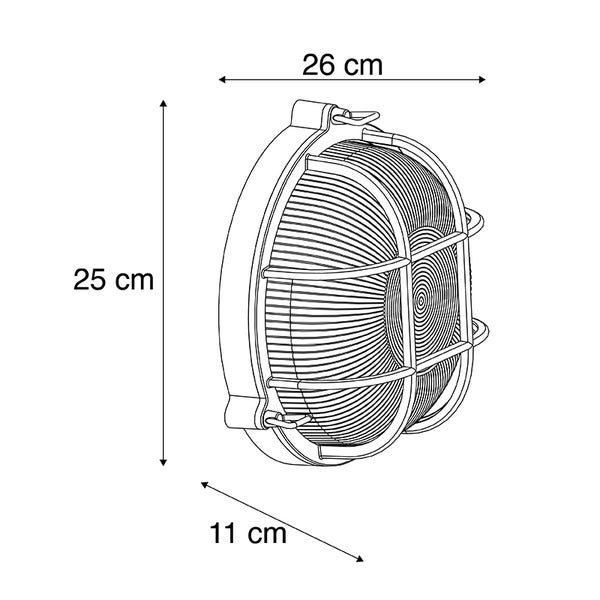 Ovale Gitterleuchte mit Maßangaben: Breite 26 Zentimeter, Höhe 25 Zentimeter, Tiefe 11 Zentimeter.