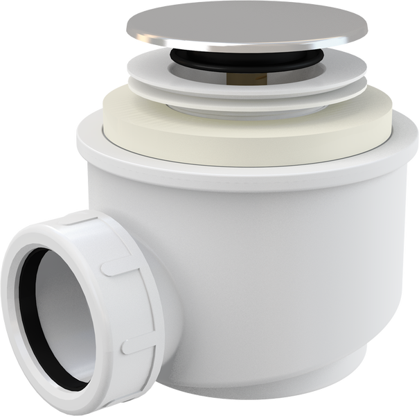 Duschwannen-Siphon aus weißem Kunststoff mit verchromter Abdeckung.