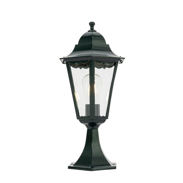 Klassische dunkelgrüne Sockelleuchte mit Glaseinsätzen für den Außenbereich.
