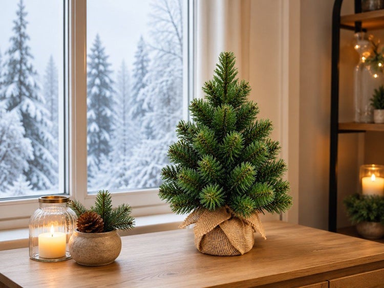Künstlicher Weihnachtsbaum auf einem Holztisch vor einem Fenster mit Winterlandschaft, dekoriert mit Jutesack.