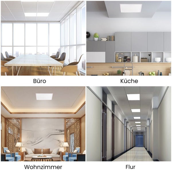 Anwendungsbeispiele für LED Panel in Büro, Küche, Wohnzimmer und Flur