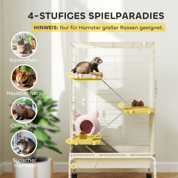 PawHut Kleintierkäfig, Nagerkäfig Frettchenkäfig mit 3 Rampen Mäusekäfig mit ausziehbarem Tablett, Futterschale, Wasserflasche, Käfig mit Zubehör für Chinchilla, Eichhörnchen, Zwerghamster Beige