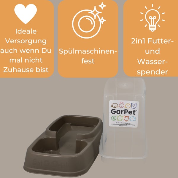 Futter- und Wasserspender für Haustiere mit GarPet Logo