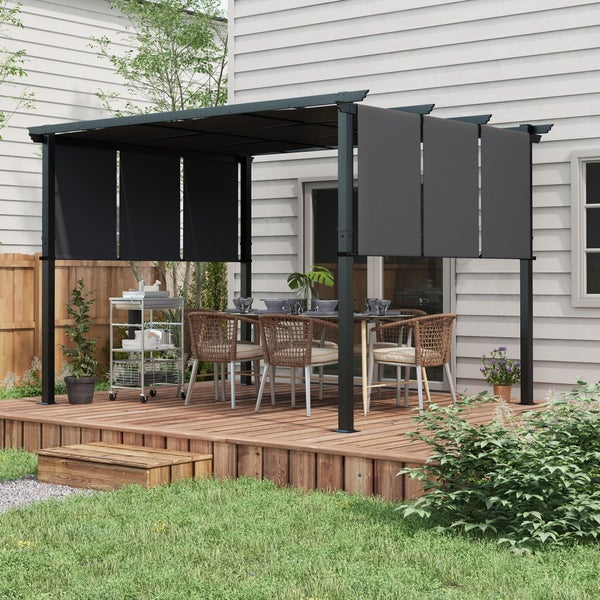 Pergola mit Vorhängen, Tisch, Stühlen und Servierwagen auf einer Terrasse