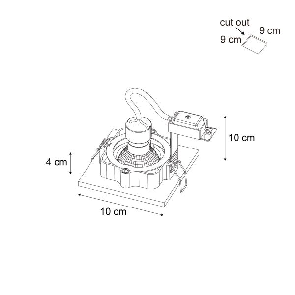 Deckeneinbaustrahler mit Abmessungen: 10 x 10 cm, Höhe 4 cm, Einbauöffnung: 9 x 9 cm, Höhe 10 cm