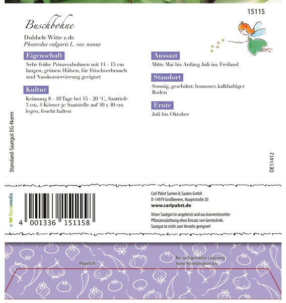 Rückseite der Samentüte für Buschbohne Dubbele Witte mit Informationen zu Aussaat, Standort, Ernte und Kultur sowie Barcode.